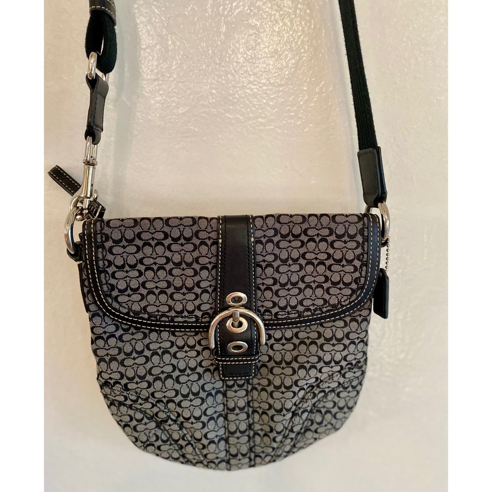 Coach Signature Jacquard Crossbody Bag Black Grey Soho Buckle Flap Messenger